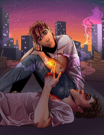 two young men with brown hair on a rooftop. one lays down, with a black eye, bruised knuckles, and a bloody nose, and smokes a cigarette. the other is sitting with his head resting on his hands, staring at his friend longingly. smoke floats on the air from