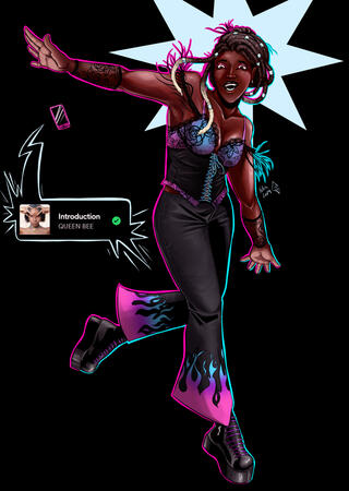 a trans woman (she/her) with a blue and pink lacy bra, a black corset with blue laces, long bell bottom pants with pink/purple/blue flames on the bottom, and black leather platform boots. her skin and eyes are dark brown, and her hair is worn in locs that