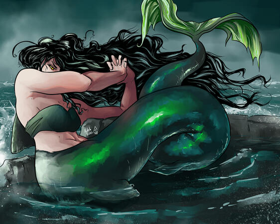 a green-tailed mermaid with long dark hair flowing in the wind, glaring over her shoulder like the classic painting of lucifer while a storm brews behind her.