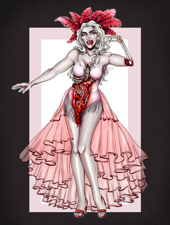 a woman in a pastel pink and blood red burlesque outfit, with her ribcage exposed and her organs visible. her small intestine is fully exposed, and blood is smeared against the side of her mouth. she smiles widely.