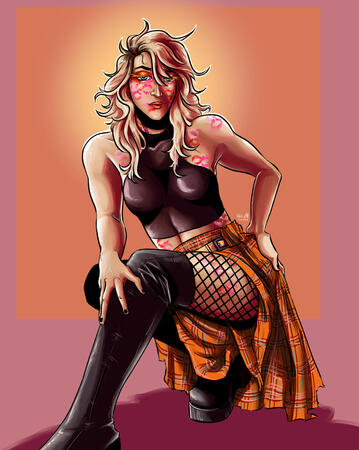 a white woman in shiny, dark knee high boots, a black halter, fishnets, and with an orange plaid flannel tied around her waist. she is crouching on the ground. her hair is blonde with brown roots, her eyes are blue, and she has orange and red eye makeup on