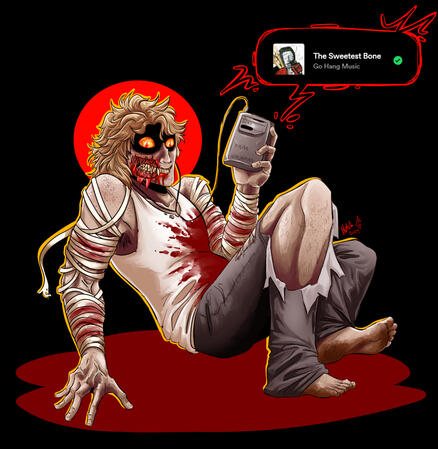 a creature that is human in appearance only (that/it), wearing a white bloodstained tank tp and heavily torn gray jeans. it has shaggy blond hair and muscular arms wrapped in bloody bandages. its eyes glow yellow with red pupils, and half of its face is to