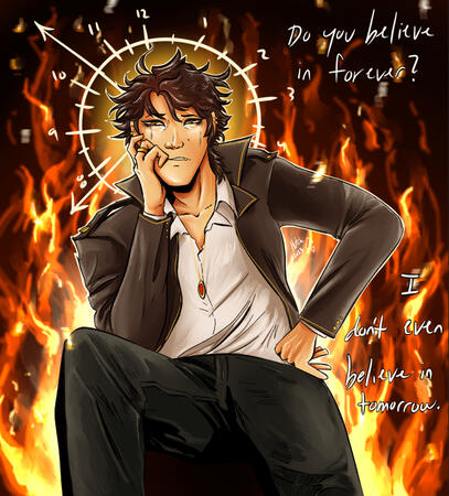 a man in a school uniform sits, engulfed in flames. text: do you believe in forever? i don't even believe in tomorrow.