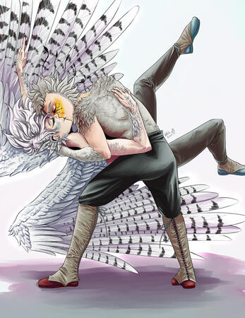 two men with bird features kissing. one (gray hair and back feathers) holds the other (longer white hair and snowy owl wings) in a dip with the other's legs in the air as he's swept off his feet.
