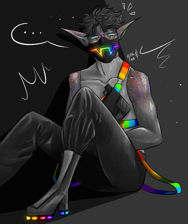a gray gargoyle with rainbow flecks on his skin and a mask sits, leaned against a wall