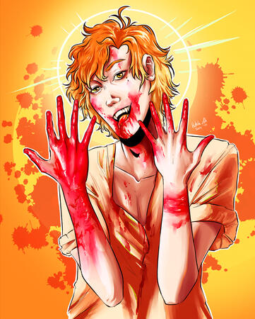 a man with orange hair and eyes, face and hands smeared with candy colored blood, smiling and staring at the viewer. background is yellow with orange blood spatter, and a halo frames the man's face