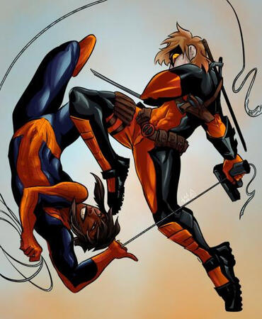 my ocs, kit and legion, dressed as spiderman and deadpool respectively