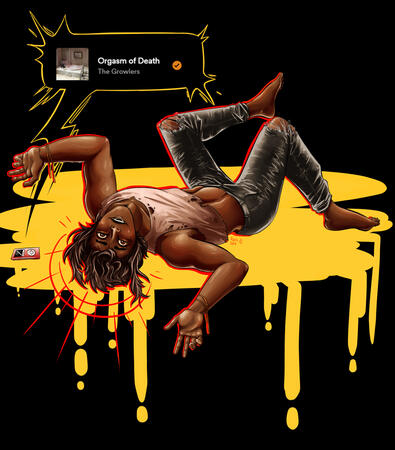 a young native american man (he/they) laying on his back and looking upside down at the viewer with a smile. they have dark eyes and dark hair that falls down, darker brown skin, a cropped tank and ripped gray jeans. he's listening to Orgasm of Death by th