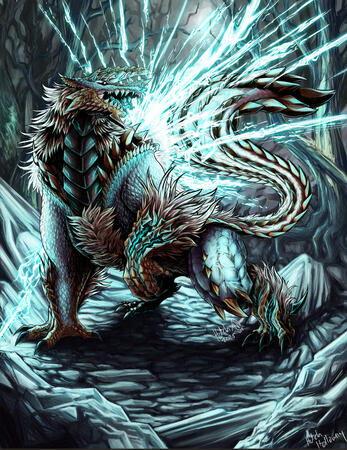 a digital painting of zinogre from monster hunter. it's in a rocky clearing of a forest full of leafless trees with peeling bark. the sky is overcast. it roars, lightning exploding from the fur on its back.