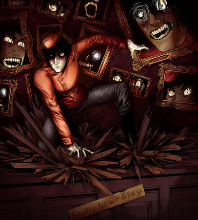 a corpse-like bellhop in a red uniform, black hair casting a shadow over his face, eyes reflecting the light and ringed with red. he crouches on a hotel desk, the wood splintering around his hands and feet. he looks ready to pounce. behind him, the red wal