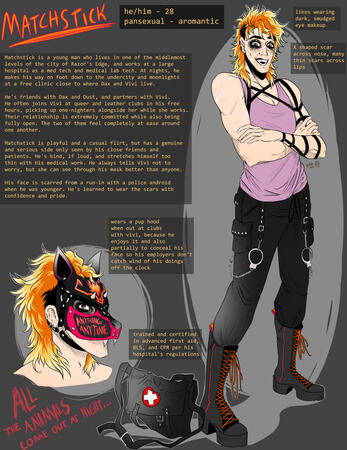 a ref page for a young man with an orange and yellow deathhawk, brown eyes, and pale skin. he wears orange-laced platform boots, black pants with handcuffs chained to the beltloops, a pale purple tank, and a harness that goes down his left arm. he has smud
