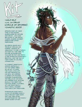 fantasy version of my oc, kit. a native american man (he/they) draped in blue cloth with various bottles of potions strung up on his belt alongside a scythe and a dagger strapped to their thigh. mushrooms and fungi grow from their skin.