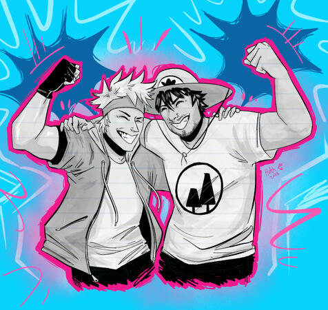 ninja and mr beast in a sketchy comic style, each holding a triumphant fist up