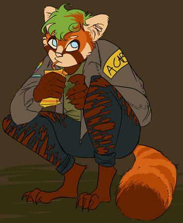 a red panda antrho with green hair and ripped jeans, squatting on the ground while drinking juice