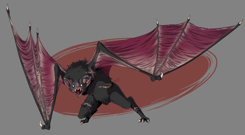 a werebat with dark fur and maroon wings, scars littering its body