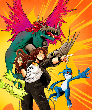 a brunette woman pointing to the right dynamically, surrounded by three digimon.