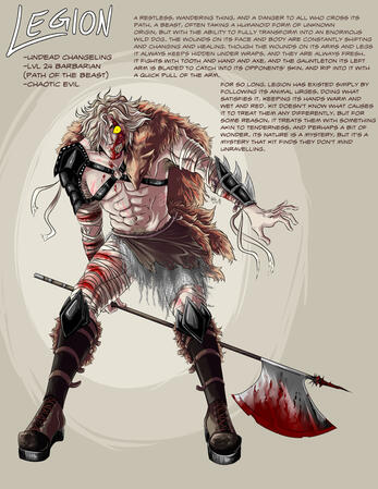 a muscular undead changeling taking the form of a human with pale blond hair, streaked with white. (that/it pronouns). it is draped in an animal fur with a black leather shoulder guard, and is carrying a large, bloody axe. half of its face is torn, the mus