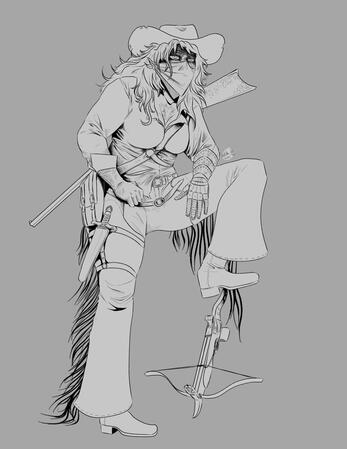 a cowgal with her face covered by a bandana and a broad brimmed hat, leaning on a small hand crossbow