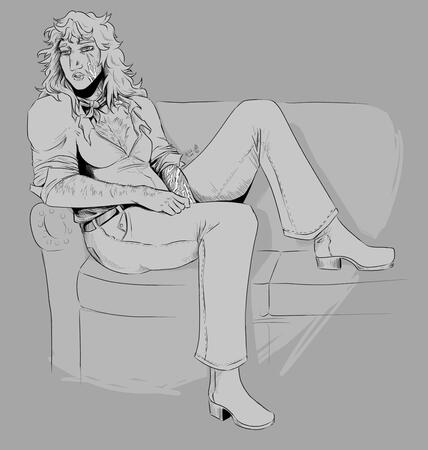 a cowgal reclining on a cough, the left side of her face and her left arm heavily scarred.