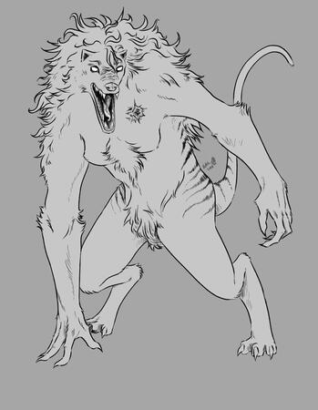 a tasmanian werewolf with a fluffy, wild mane and a scarred over bullet wound in its left shoulder